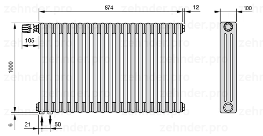 Схема (чертеж) Радиатор Zehnder Charleston 3100/19 №V001 Белый глянцевый RAL 9016